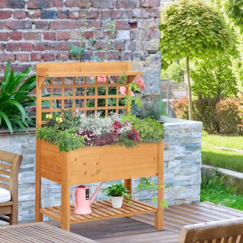 Outsunny Wooden Planter Boxes, Raised Garden Bed Elevated Planter with 2 Shelves for Flower Herb Vegetable Outdoor/Indoor, 105x40x135cm