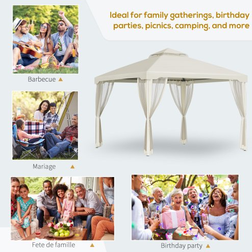 Outsunny 3 x 3 m Metal Gazebo, Garden Pavillion, Double Roof Outdoor Canopy Shelter with Mesh Sidewalls, Cream White