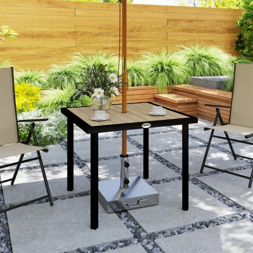 Outsunny Garden Table for 4 Person, Square 86 x 86 x 71cm Patio Outdoor Dining Table with 5.4cm Parasol Hole, Easy Clean Slatted Top, Metal Frame, for Balcony, Deck, Brown