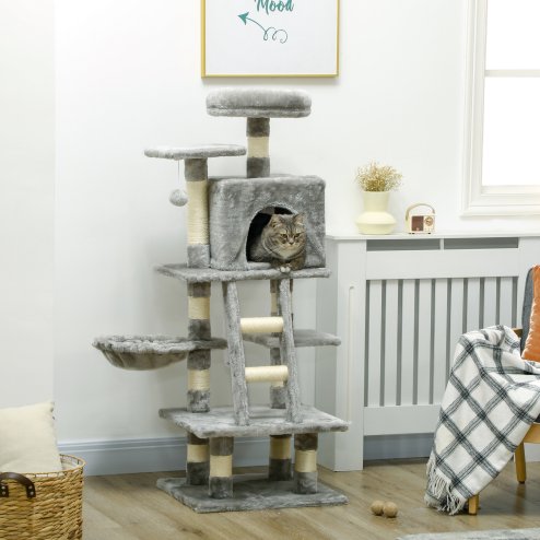 PawHut 132cm Cat Tree for Large Cats, Cat Activity Centre with Scratching Posts, Hammock, Cat House, Bed, Perches, Ladder, for Indoor Use - Grey