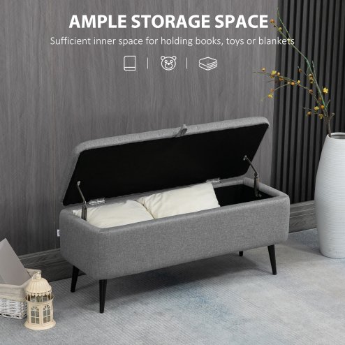 HOMCOM Storage Ottoman with Flip Top, Rectangular Upholstered Bench, Linen Feel Fabric Footstool with Steel Legs for Living Room, Bedroom