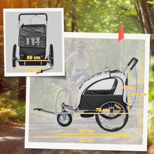 HOMCOM 2 Seat Bike Trailer for Kids, Baby Bike Stroller with 5 Point Harness, Child Bicycle Trailer with Safety Flag, Reflectors, Windproof Curtain, for 18+ Months, Black