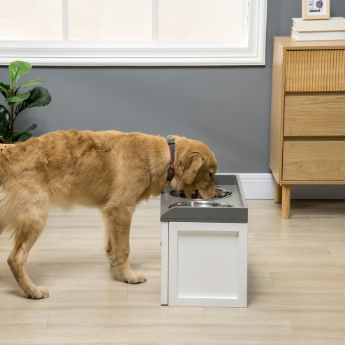 PawHut Stainless Steel Raised Dog Bowls, Double Dog Food and Water Bowl w/ 21L Storage Drawer, for Large Dogs - White