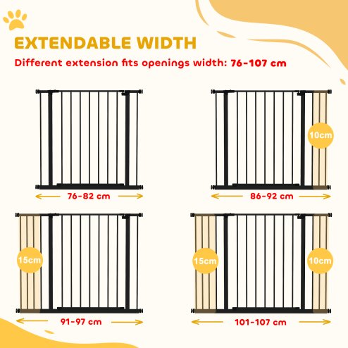 PawHut Dog Gate Pet Safety Gate Stair Barrier Pressure Fit Adjustable 76-82/86-97/101-107 cm, Black