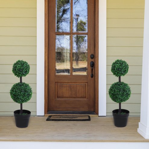 Outsunny Set of 2 Artificial Boxwood Ball Topiary Trees Potted Decorative Plant Indoor D??cor (67cm)
