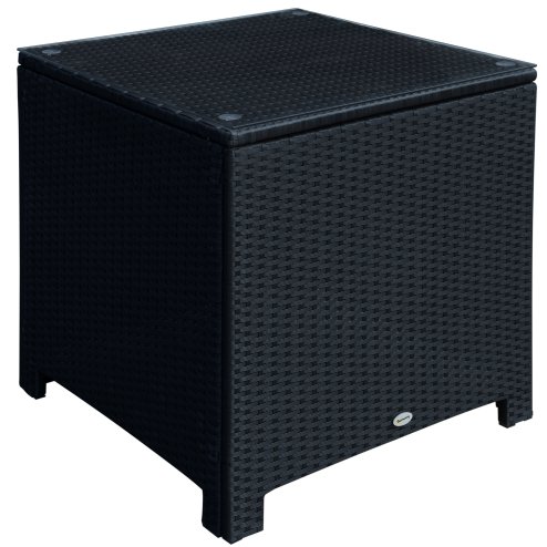 Outsunny Patio PE Rattan Side Table, Square Outdoor Coffee Table w/ Tempered Glass Top, Black