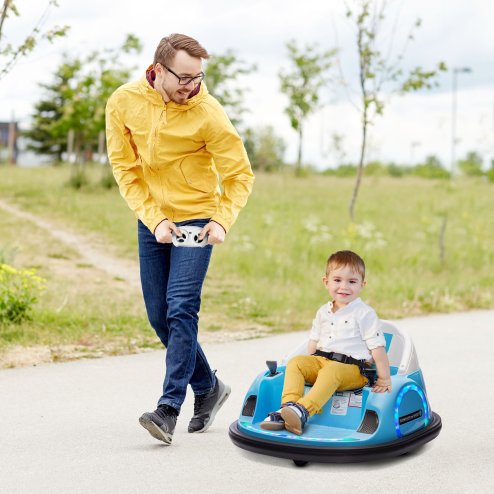 AIYAPLAY Kids Bumper Car, 360 Rotation 12V Waltz Car, Battery Powered Ride-On Toy with Remote Control, Dual Joystick, Music, USB, LED Lights, Horn, for Ages 1.5-5 Years, Blue