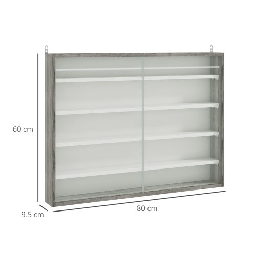 HOMCOM 5-Tier Wall Mounted Display Cabinet, Display Case with 4 Adjustable Shelves, Glass Doors for Home Office Ornaments 60x80cm, Grey Wood Grain
