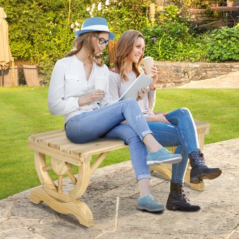 Outsunny Garden Rustic Wooden Bench Wheel-Shaped Legs Slatted Seat Stable Reinforced Structure Outdoor Patio Garden 2-Person Bench Seat - Natural Wood Effect