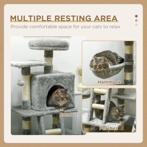 PawHut 132cm Cat Tree for Large Cats, Cat Activity Centre with Scratching Posts, Hammock, Cat House, Bed, Perches, Ladder, for Indoor Use - Grey