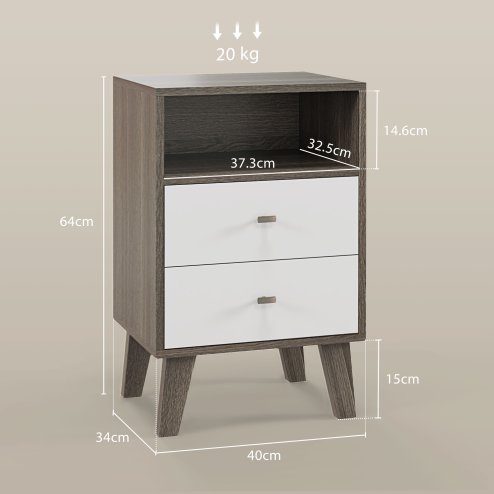 HOMCOM Bedside Tables Set of 2, Modern Nightstand with 2 Drawers and Open Cubby, Sofa Side End Table for Bedroom, 40 x 34 x 64cm, Grey