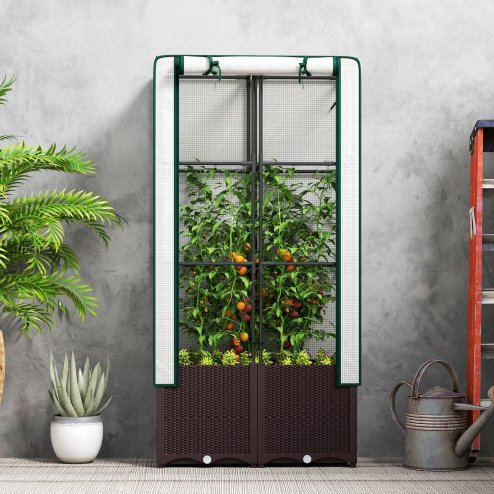 Outsunny Raised Garden Bed with Trellis, Plastic Planter Box with PE Cover, Drainage Holes, Drain Plugs and Water Reservoirs for Climbing Plants, Vegetables, Flowers, 80 x 40 x 140 cm