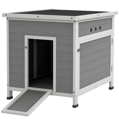 PawHut Wooden Duck House, Raised Poultry Coop with Ramp, Double Doors, Openable Asphalt Roof, Ventilation Holes, Removable Base, for 2-4 Ducks, Chickens, Geese, Light Grey