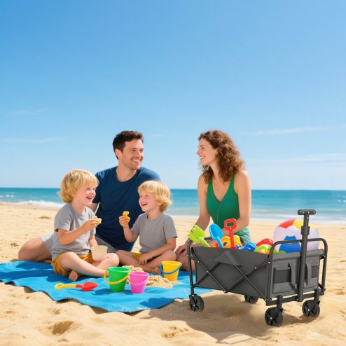 Outsunny 62L Festival Trolley on Wheels, Garden Folding Trolley Cart, 120kg Heavy Duty Collapsible Folding Wagon with Adjustable Handle and Carrying Bag for Beach, Camping, Festival, Grey