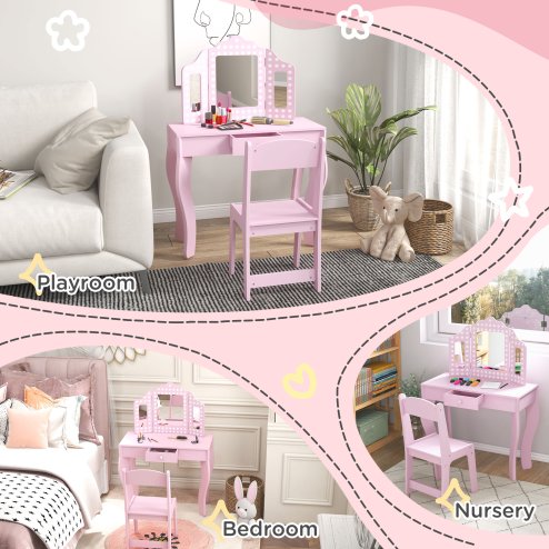 AIYAPLAY Kids Dressing Table with Tri-Fold Mirror and Stool, Kids Vanity Table, Girls Make up Desk with Drawer, for Aged 3-8 Years Old - Pink