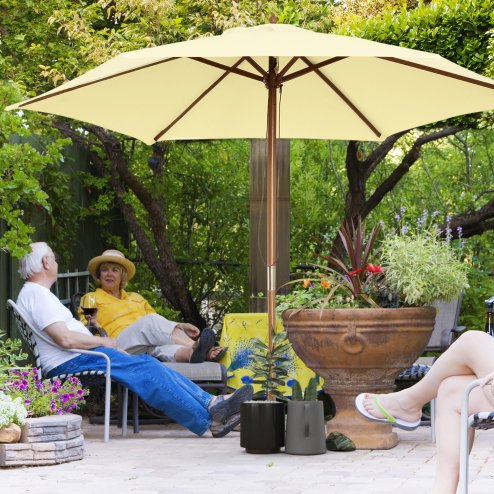 Outsunny 2.5m Wood Garden Parasol Sun Shade Patio Outdoor Wooden Umbrella Canopy, Table Market Umbrella with Vent, 38mm Pole, Rope Pulley Mechanism, Cream White