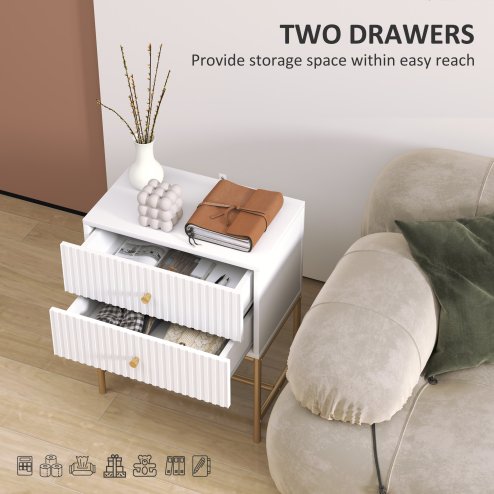 HOMCOM Bedside Table with 2 Drawers, Modern Bedside Cabinet with Storage and Metal Legs for Bedroom, Living Room, White