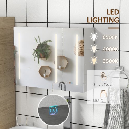 kleankin LED Lighted Bathroom Mirror Cabinet, Wall Mounted Bathroom Storage Cupboard with USB Charge, Adjustable Shelf, 90W x 15D x 70Hcm, High Gloss White