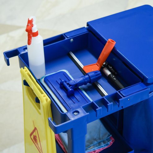 HOMCOM Cleaning Carts On Wheels, Janitorial Trolley with 3 Tier Shelves, Housekeeping Utility Service Unit with Rubbish Bag and Mop Mount for Hotel, Office, Blue