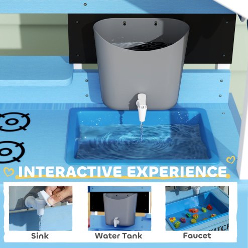 AIYAPLAY Kids Mud Kitchen, Outdoor Play Kitchen with Stoves, Sink, Faucet, Storage Shelves, Cookware Accessories, Pretend Wooden Kitchen Playset for Boys Girls, Blue