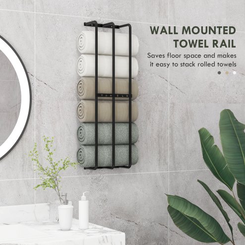 HOMCOM Towel Rack Wall Mounted, Metal Towel Rail Holds Up to 6 Large Size (150 x 100cm) Rolled Towels, 3 Bar Towel Storage for Bathroom, 21 x 12 x 74cm, Black