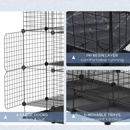 PawHut 3 Level DIY Pet Playpen Metal Small Animal Cage Rabbit Ferret Chinchillas Cage 4 Doors Bottom Trays Black