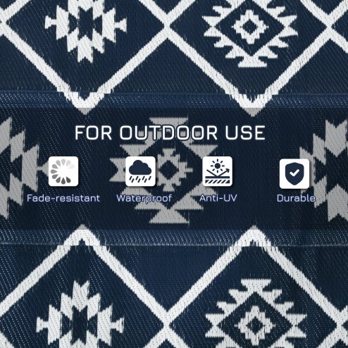 Outsunny Reversible Outdoor Rug with Carry Bag, Waterproof Plastic Straw Mat for Garden, Deck, RV, Picnic, Beach, Camping, 182 x 274cm, Dark Blue and White