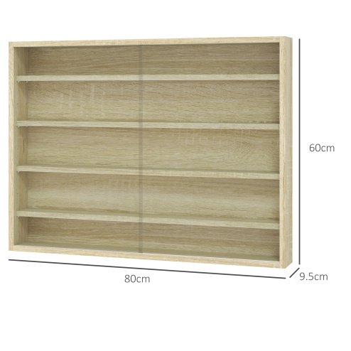 HOMCOM 5-Tier Wall Display Shelf Unit Cabinet w/ 4 Adjustable Shelves Glass Doors Home Office Ornaments 60x80cm Oak