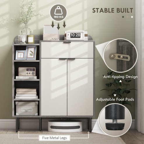 HOMCOM Shoe Cabinet, Hallway Shoe Storage Cabinet with 4-Tier Open Shelf, Double Doors and 3 Adjustable Shelves for 12 Pairs of Shoes, Graphite Wood Effect