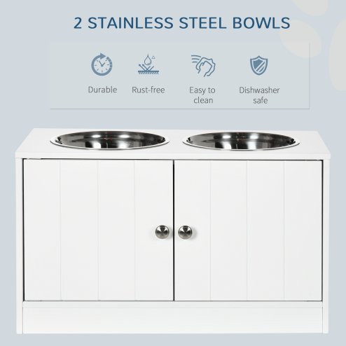 PawHut Raised Dog Bowls for Large Dogs Pet Feeding Station w/ Stand, Storage, Two Stainless Steel Bowls - White