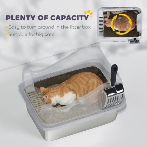 PawHut Cat Litter Tray Stainless Steel, Cat Litter Box High Sided with Metal Litter Scoop, Never Absorbs Odors, Anti Leakage & Easy to Clean, 43 x 33 x 25 cm, Grey