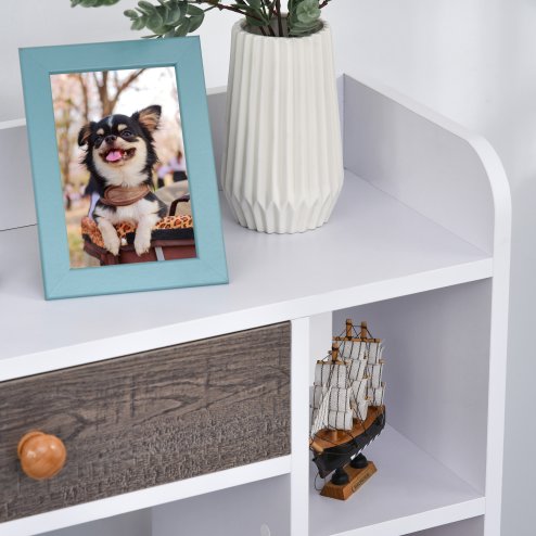 HOMCOM Bookcase, Freestanding Book Shelf with Storage Drawer, 6 Shelves and Wood Legs for Home Office Display, White and Grey, 24D x 60W x 86.8H cm