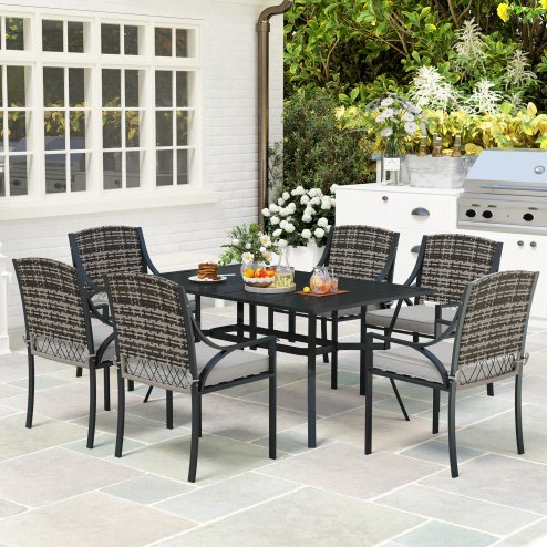 Outsunny Rattan Garden Furniture Set with Cushions, 6 Seater Rattan Dining Set with 6 Armchairs, 150 x 96cm Rectangular Table, Umbrella Hole, for Outdoor, Patio, Balcony, Terrace, Conservatory