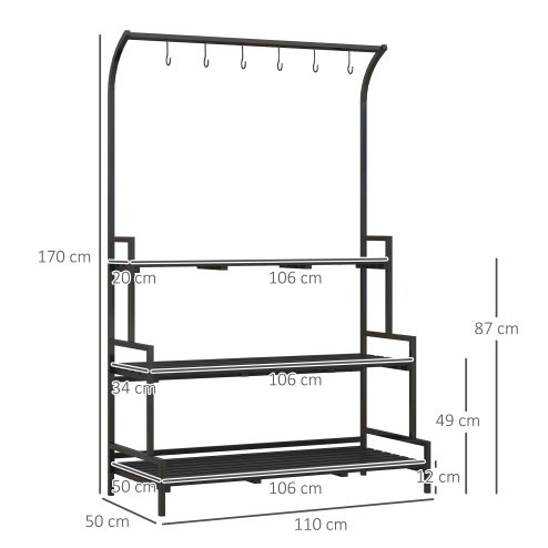 Outsunny Tall Plant Stand with Hanging Hooks, 3 Tiered Plant Rack Ladder Shelf for Indoor Outdoor Porch Balcony Living Room Bedroom, Black
