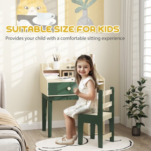 AIYAPLAY Kids Desk and Chair Set, Children Study, Table and Chair Set with Storage Shelves, Drawer, Kids Table and Chair Set for 3-10 Years, Green