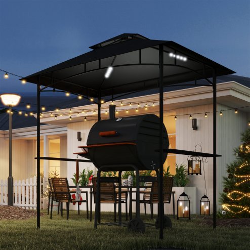 Outsunny 2.4 x 1.5 m (8' x 5') Grill Gazebo Canopy with LED Lights, Double Tiered Outdoor BBQ Gazebo Shelter with 2 Side Shelves, Storage Basket and Hooks for Garden, Barbecue, Picnic, Dark Grey