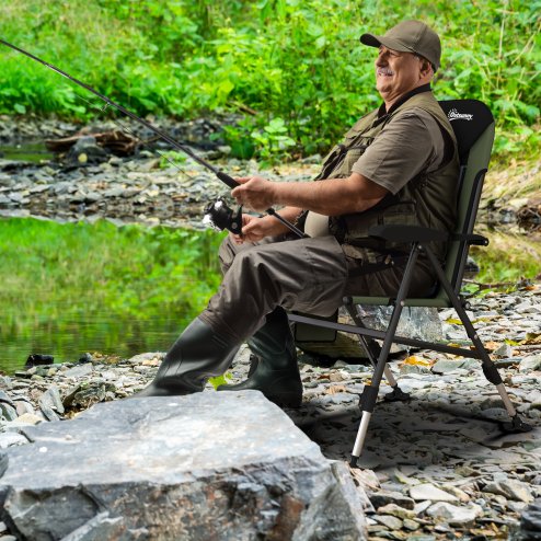 Outsunny Portable Fishing Chair, Lightweight Camping Chair with Reclining Backrest, Adjustable Legs and Mud Feet, 180kg Heavy Duty Folding Chair, Dark Green