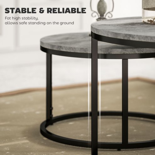 HOMCOM Round Nesting Coffee Table Set of 2, Large Stacking End Side Table with Steel Frame for Living Room, Bedroom, Home Office, 78.5 x 78.5 x 46.5 cm, Cement Grey