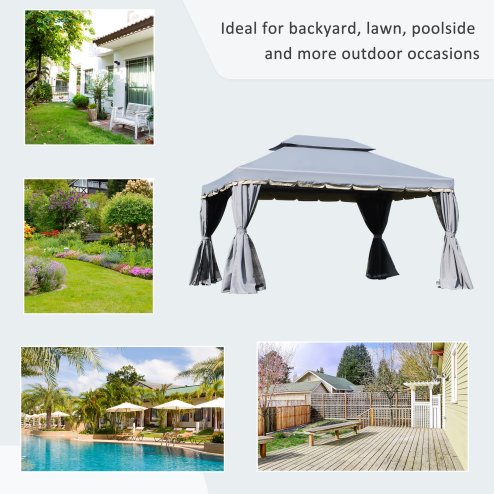 Outsunny 3 x 4m Aluminium Garden Gazebo, Marquee Canopy Shelter Pavilion Party Tent with Nets and Curtains for Garden and Deck, Grey