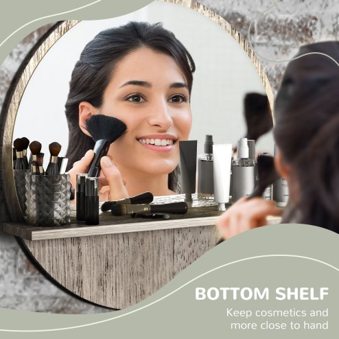 kleankin 45cm Wall Mounted Bathroom Mirror, Round Mirror with Shelf, Framed Makeup Mirror for Home Decoration