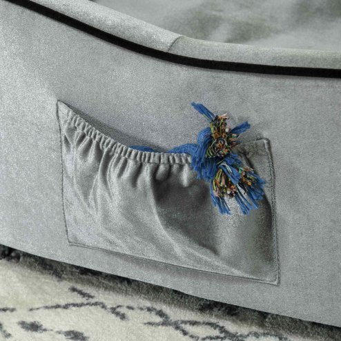 PawHut Dog Sofa Bed for Miniature Dogs, Pet Chair Couch Kitten Lounge with Soft Washable Cushion, Thick Sponge, Wooden Frame, Storage Pocket, 69 x 49 x 38cm - Silver-Tone
