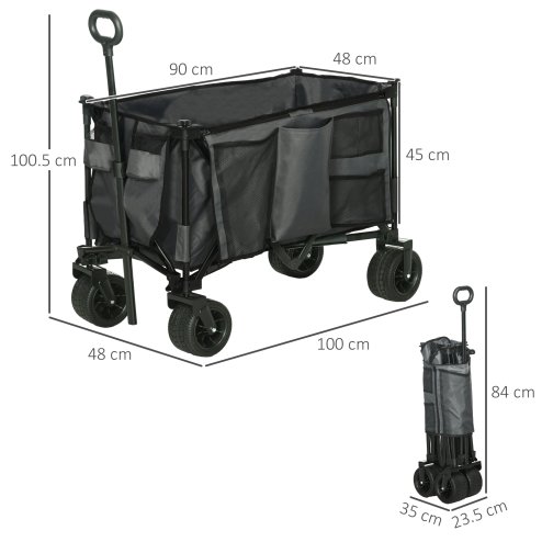 Outsunny Folding Garden Trolley, Cargo Traile on Wheels, Collapsible Camping Trolley, Outdoor Utility Wagon with Steel Frame and Oxford Fabric, Dark Grey