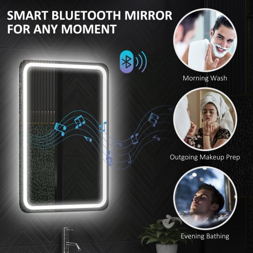 HOMCOM Bluetooth Bathroom Mirror with LED Lights, Illuminated Backlit Wall Mounted Vanity Mirror with 3 Colours Dimmable, Clock, Anti-Fog, Memory & Touch Switch, IP44