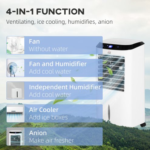 HOMCOM Portable Air Cooler, Evaporative Anion Ice Cooling Fan Water Conditioner Humidifier Unit with 10L Water Tank, 3 Modes, 3 Speed, Remote, Timer, Oscillating for Home Quiet Bedroom, White