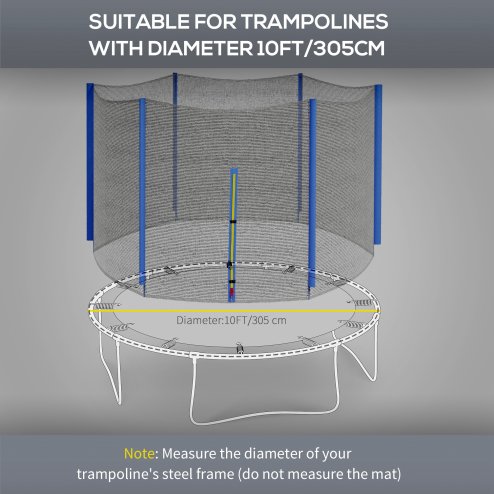 SPORTNOW 10ft Trampoline Net Replacement with 6 Plastic Pole Covers, Weather-Resistant Trampoline Netting Replacement with Zipped Entrance, Poles Not Included, Blue
