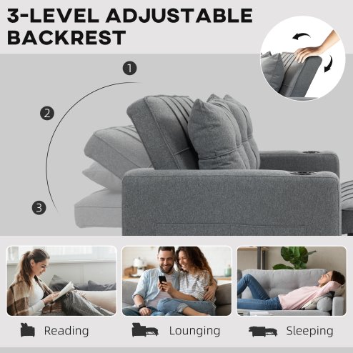 HOMCOM 2 Seater Sofa Bed, Convertible Pull Out Sofa Bed with Adjustable Backrest, Cup Holders and Pillows, Click Clack Settee for Living Room, Bedroom, Guest Room