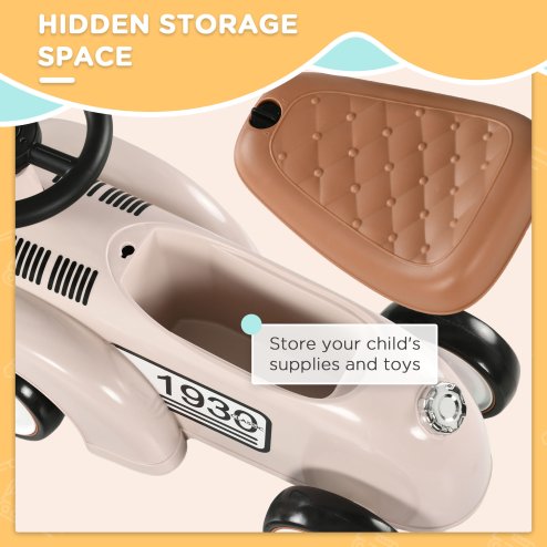 AIYAPLAY Kids Ride On Sliding Car, Foot to Floor Slider with Steering Wheel, Horn, Under-Seat Storage, Suitable for Ages 12-36 Months - Cream White