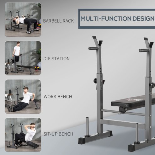 HOMCOM Adjustable Weight Bench, Foldable Bench Press with Barbell Rack, Dip Station, for Home Gym, Strength Training, Multi-Use Workout Bench, Grey