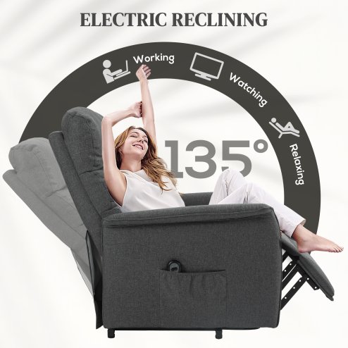 HOMCOM Power Lift Recliner Armchair, Electric Lift Chair for Elderly, Fabric Riser and Reclining Chair with Remote Control, Side Pockets, Extended Footrest, for Living Room, Dark Grey