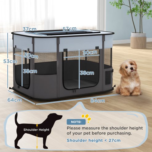 PawHut Dog Pen, Pet Playpen, Portable Foldable Dog Cat Playpen Soft Pet Cage with Storage Bag for Puppies, Rabbits, Kittens, Guinea Pigs, 84 x 64 x 53cm - Grey